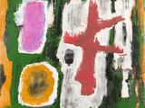 une image représentant une peinture d'une croix et de fleurs sur fond vert