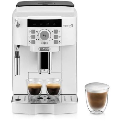 a white coffee machine with two cups of coffee next to it
