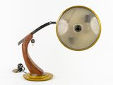 an image of a desk lamp with a wooden base and a metal lamp shade