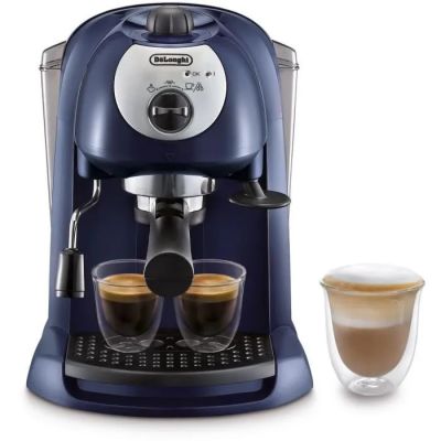 an image of a blue coffee maker with two cups of coffee