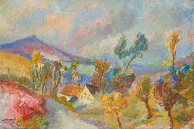 une peinture à l'huile représentant une route de campagne avec des maisons et des arbres en arrière-plan