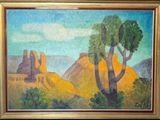 painting of a mountain scene with a tree and mountains in the background