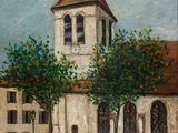 an oil painting of a church with a clock tower on top of it