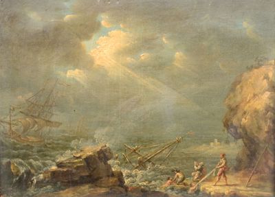 painting of a man standing on a rock in front of a body of water
