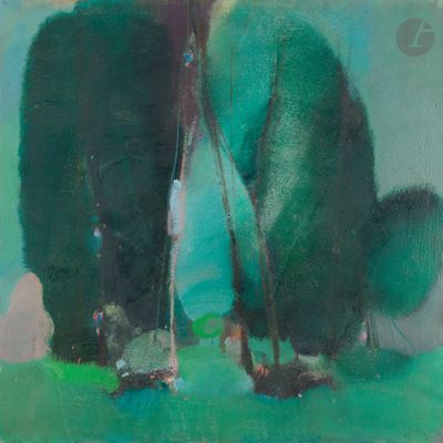 une peinture à l'huile représentant un chat assis au milieu d'un champ vert