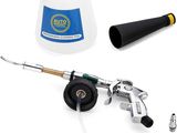 a spray gun, hose, and other tools on a white surface