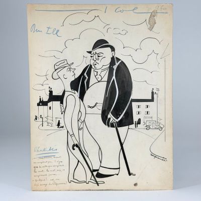 un vieux dessin représentant un homme en train de fumer une cigarette à côté d'un homme muni d'une canne