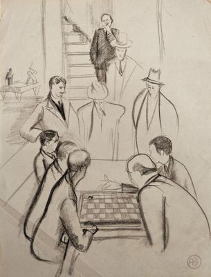 drawing of a group of men playing a game of checkers