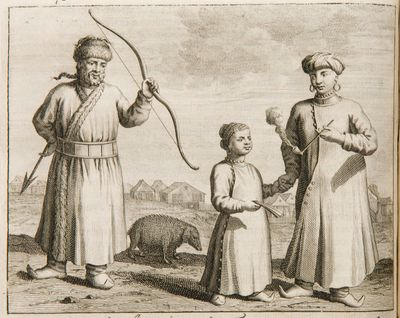 an old drawing of three men and a child with a bow