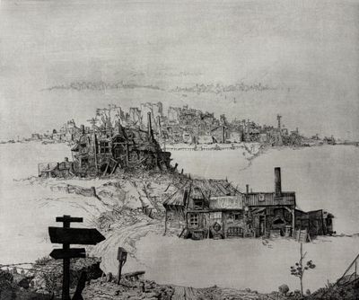 un vieux dessin représentant une vue de la ville depuis le sommet d'une colline