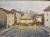 une peinture à l'huile représentant une scène de rue avec des personnes marchant dans la rue
