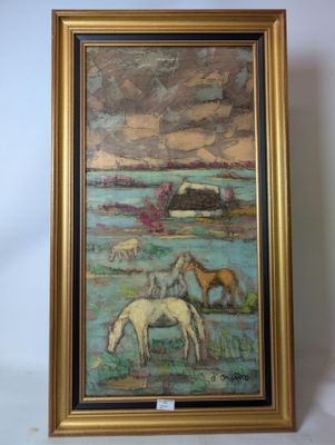 painting of horses grazing in a field with a barn in the background