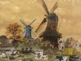 a painting of a windmill on the side of the road