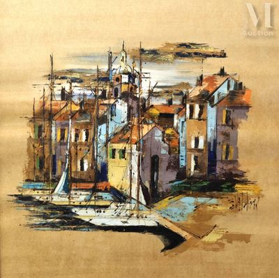 a picture of a painting of a harbor with boats