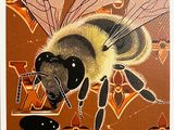 peinture représentant une abeille sur un fond marron, entourée de fleurs orange et jaunes