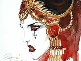 painting of a woman with a red headdress and gold jewelry
