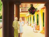a painting of a man and a woman standing in front of a building