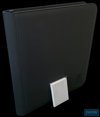 a black binder with a white button on it