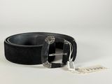 a close up of a black belt with a metal buckle