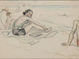drawing of a woman sitting on a beach with other people in the background