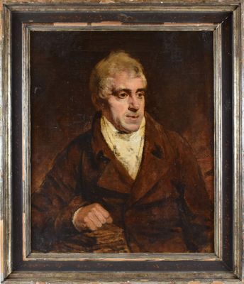 un tableau représentant un homme vêtu d'un manteau marron et d'une chemise blanche