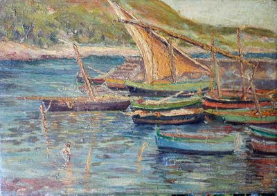 tableau représentant des bateaux dans un port, avec une montagne en arrière-plan
