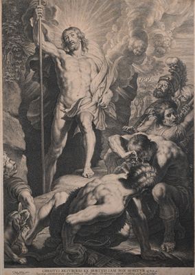 a black and white drawing of a man standing over a group of men