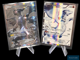 Deux cartes Pokémon sont exposées dans des pochettes en plastique sur un fond noir.