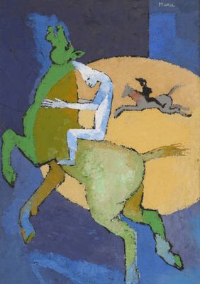 un tableau représentant un homme à cheval, avec un chien en arrière-plan