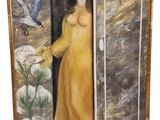 painting of a woman in a yellow dress opening a door with a bird in the background
