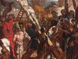 une image représentant Jésus sur la croix, en train d'être cloué sur la croix