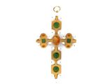an image of a cross made out of wood with green and yellow accents