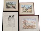quatre dessins encadrés représentant une grange, une grange et un hibou