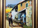 painting of a couple of men standing in front of a building