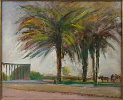 an oil painting of a palm tree and a bench in a park