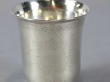 a silver cup that is sitting on a table