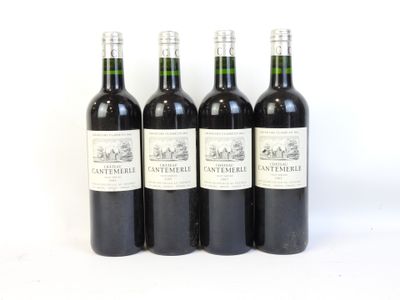 quatre bouteilles de vin sont alignées sur une surface blanche