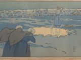 a painting of a woman in a blue dress standing in the snow