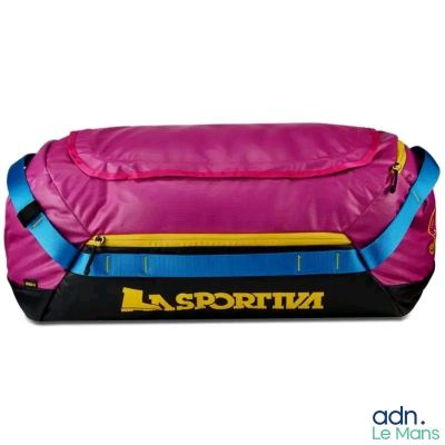 purple and blue duffel bag with yellow and blue straps