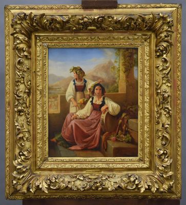 an image of a painting of two women sitting on a bench