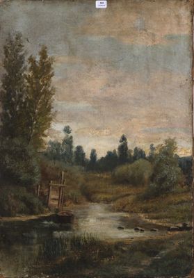 l'image d'une peinture représentant une rivière avec des arbres en arrière-plan