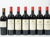 six bouteilles de vin rouge alignées sur une surface blanche
