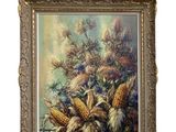 une peinture à l'huile représentant un épi de maïs, dans un cadre doré