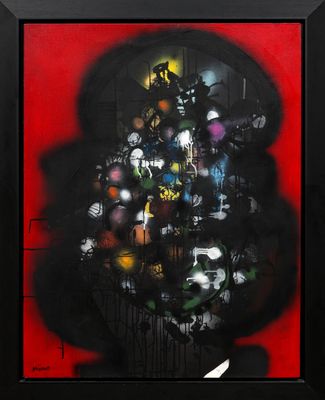 une image représentant une peinture d'un tas de crânes sur fond rouge