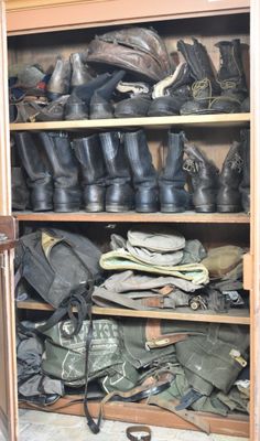 many pairs of shoes on a shelf in a closet