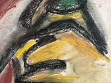 drawing of a drawing of a hockey helmet with a red, yellow, and green face