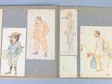 an open book with drawings of men and women in different outfits