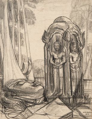 dessin au crayon représentant une nature morte avec un livre ouvert, une bougie et une statue