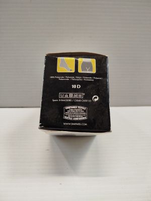 a black box with yellow letters on it sitting on a table