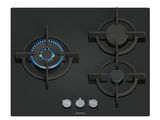 une image représentant une plaque de cuisson noire équipée de trois feux et de boutons de réglage